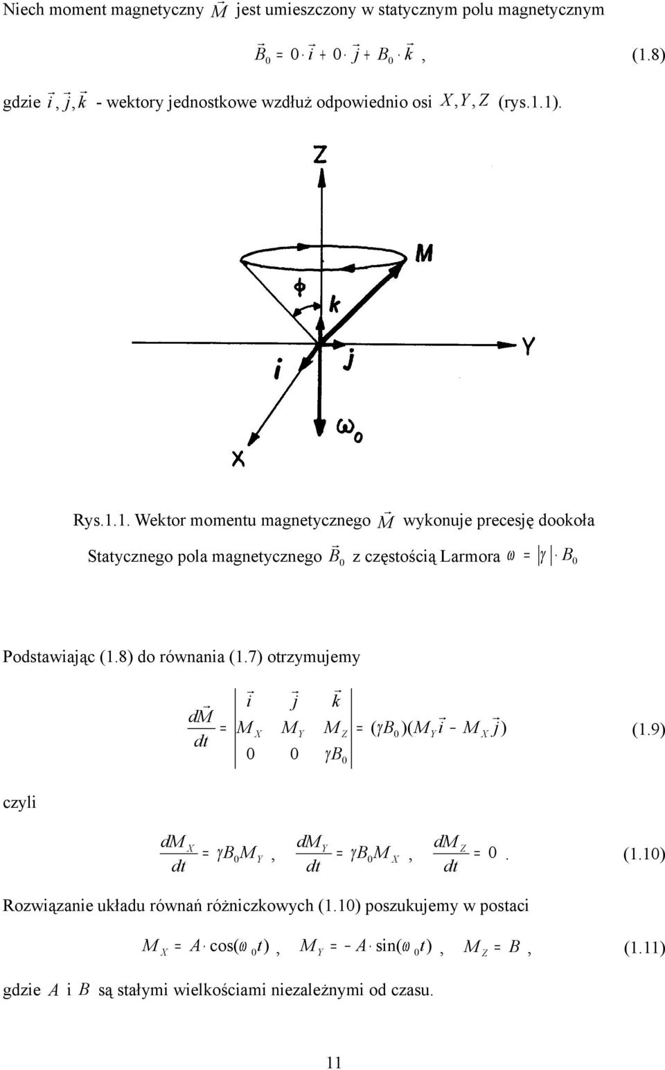 .. Wektor momentu magnetycznego wykonuje precesję dookoła Statycznego pola magnetycznego B z częstością Larmora γ B Podstawiając (.