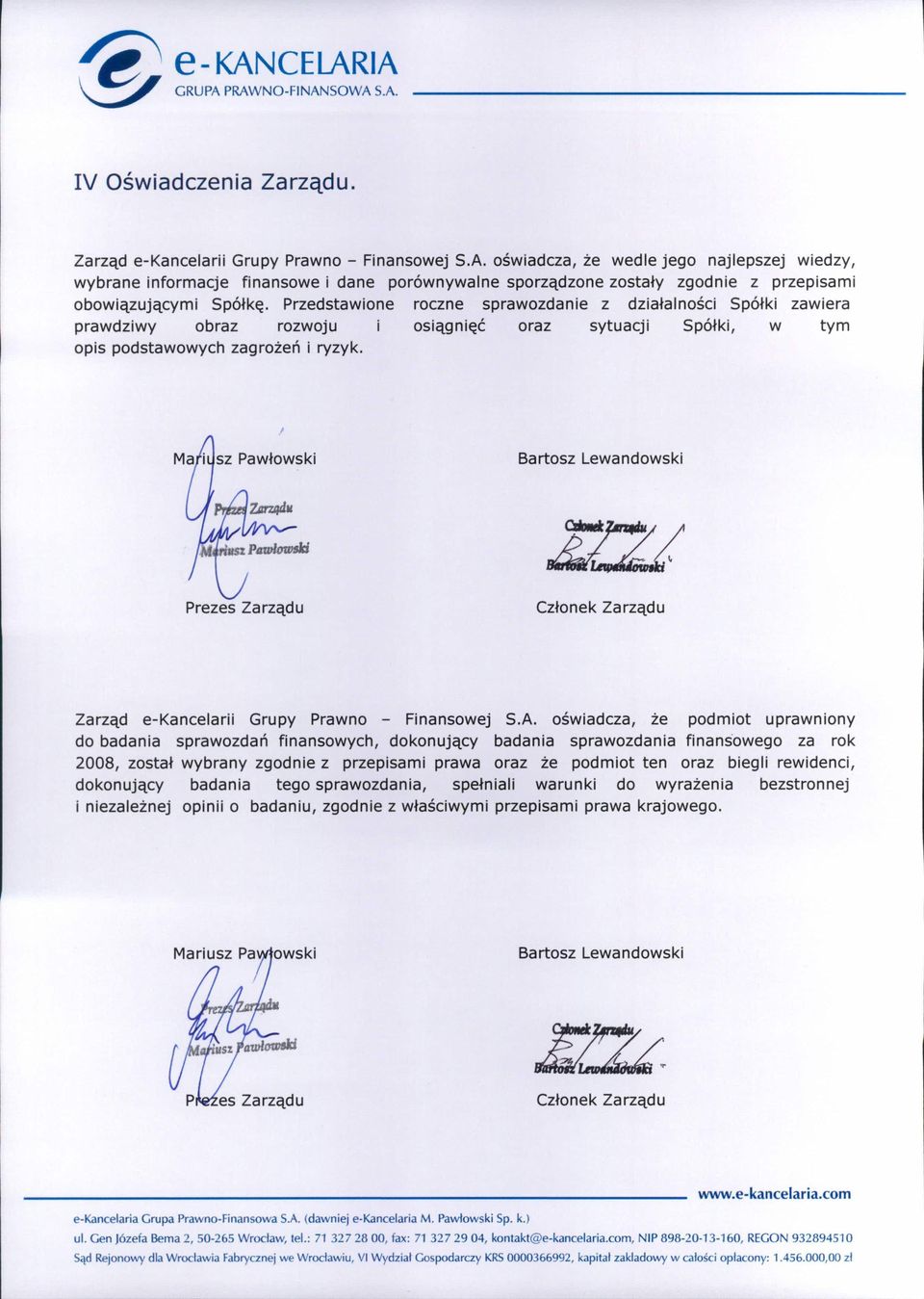 Przedstawione roczne sprawozdanie z działalności Spółki zawiera prawdziwy obraz rozwoju i osiągnięć oraz sytuacji Spółki, w tym opis podstawowych zagrożeń i ryzyk.