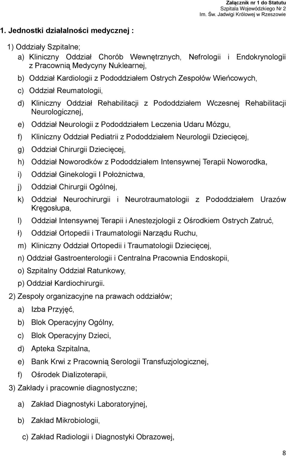 Ostrych Zespołów Wieńcowych, c) Oddział Reumatologii, d) Kliniczny Oddział Rehabilitacji z Pododdziałem Wczesnej Rehabilitacji Neurologicznej, e) Oddział Neurologii z Pododdziałem Leczenia Udaru