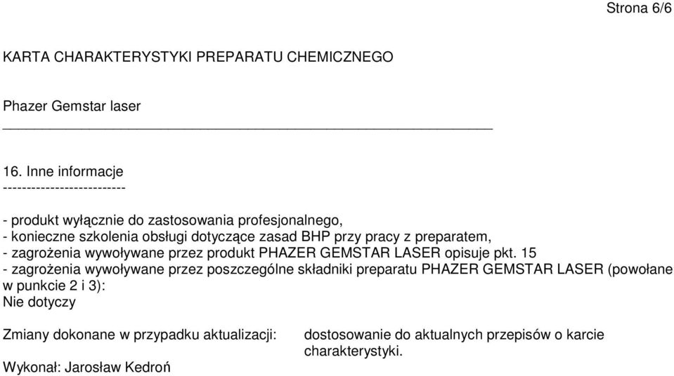 dotyczące zasad BHP przy pracy z preparatem, - zagrożenia wywoływane przez produkt PHAZER GEMSTAR LASER opisuje pkt.