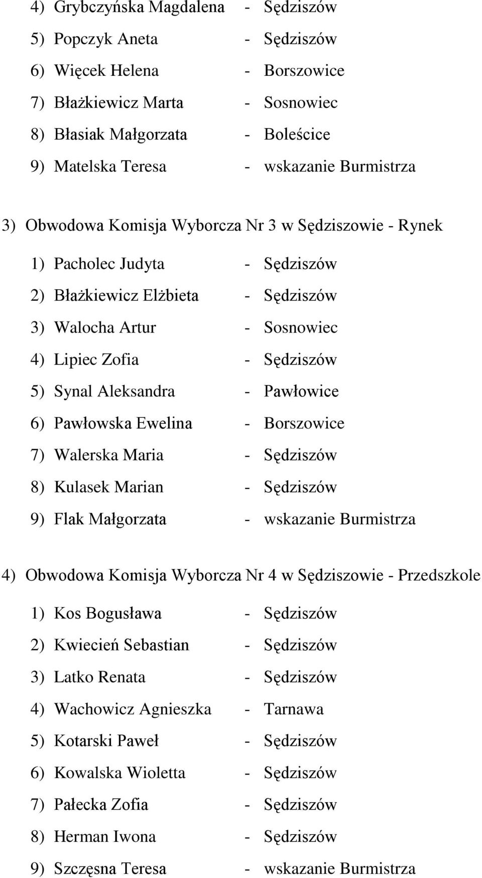 Aleksandra - Pawłowice 6) Pawłowska Ewelina - Borszowice 7) Walerska Maria - Sędziszów 8) Kulasek Marian - Sędziszów 9) Flak Małgorzata - wskazanie Burmistrza 4) Obwodowa Komisja Wyborcza Nr 4 w