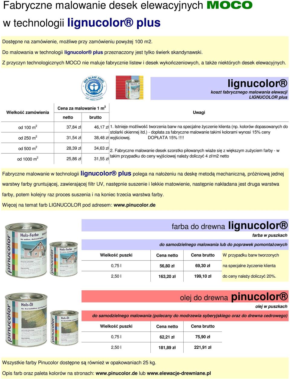 lignucolor koszt fabrycznego malowania elewacji LIGNUCOLOR plus Wielkość zamówienia Cena za malowanie 1 m 2 netto brutto od 100 m 2 37,84 zł 46,17 zł od 250 m 2 31,54 zł 38,48 zł od 500 m 2 28,39 zł