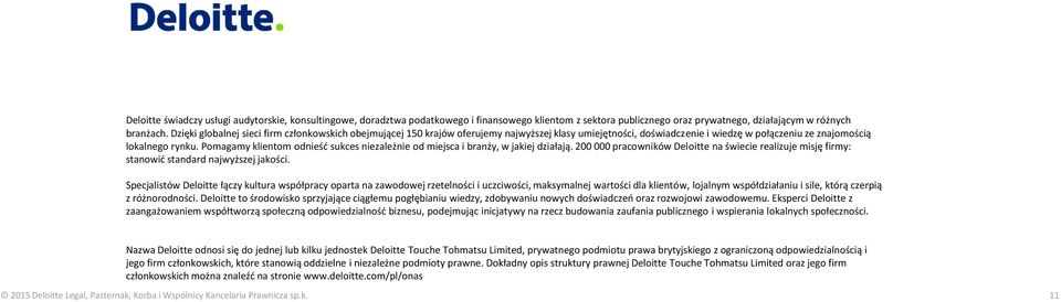 Pomagamy klientom odnieść sukces niezależnie od miejsca i branży, w jakiej działają. 200 000 pracowników Deloitte na świecie realizuje misję firmy: stanowić standard najwyższej jakości.