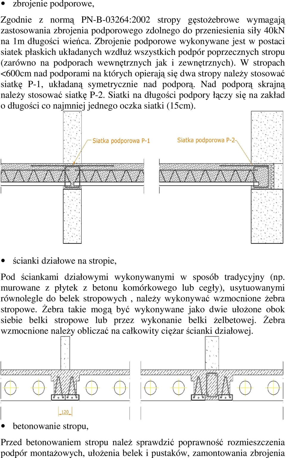 W stropach <600cm nad podporami na których opierają się dwa stropy naleŝy stosować siatkę P-1, układaną symetrycznie nad podporą. Nad podporą skrajną naleŝy stosować siatkę P-2.