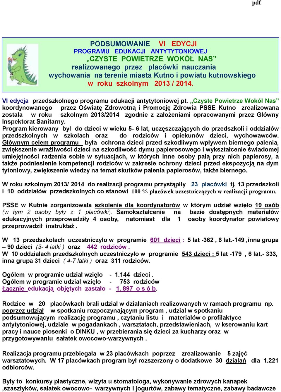 Czyste Powietrze Wokół Nas koordynowanego przez Oświatę Zdrowotną i Promocję Zdrowia PSSE Kutno zrealizowana została w roku szkolnym 2013/2014 zgodnie z założeniami opracowanymi przez Główny