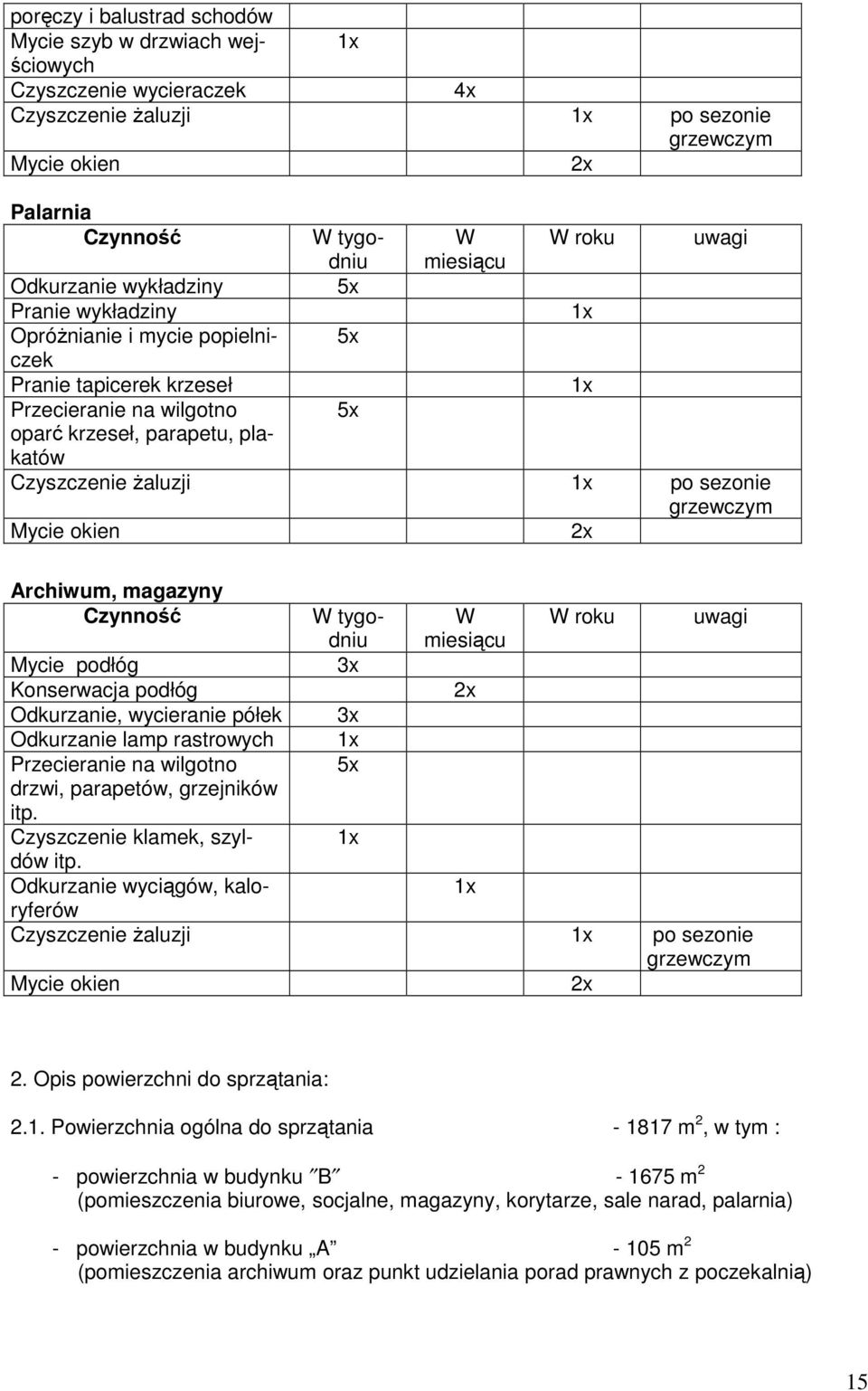 Archiwum, magazyny Czynność W tygodniu W W roku uwagi Mycie podłóg 3x Konserwacja podłóg Odkurzanie, wycieranie półek 3x Odkurzanie lamp rastrowych Przecieranie na wilgotno drzwi, parapetów,