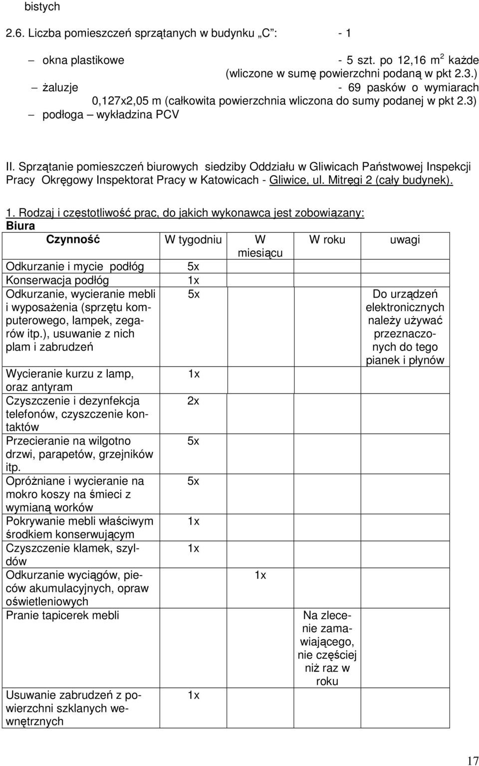 Sprzątanie pomieszczeń biurowych siedziby Oddziału w Gliwicach Państwowej Inspekcji Pracy Okręgowy Inspektorat Pracy w Katowicach - Gliwice, ul. Mitręgi 2 (cały budynek). 1.