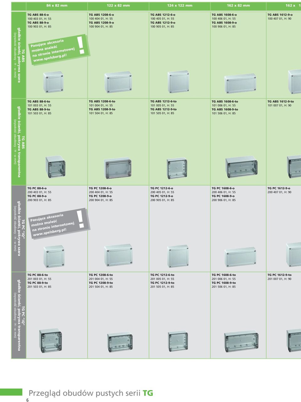 TG ABS 1208-6-o 100 404 01, H: 55 TG ABS 1208-9-o 100 904 01, H: 85 TG ABS 1212-6-o 100 405 01, H: 55 TG ABS 1212-9-o 100 905 01, H: 85 TG ABS 1608-6-o 100 406 01, H: 55 TG ABS 1608-9-o 100 906 01,