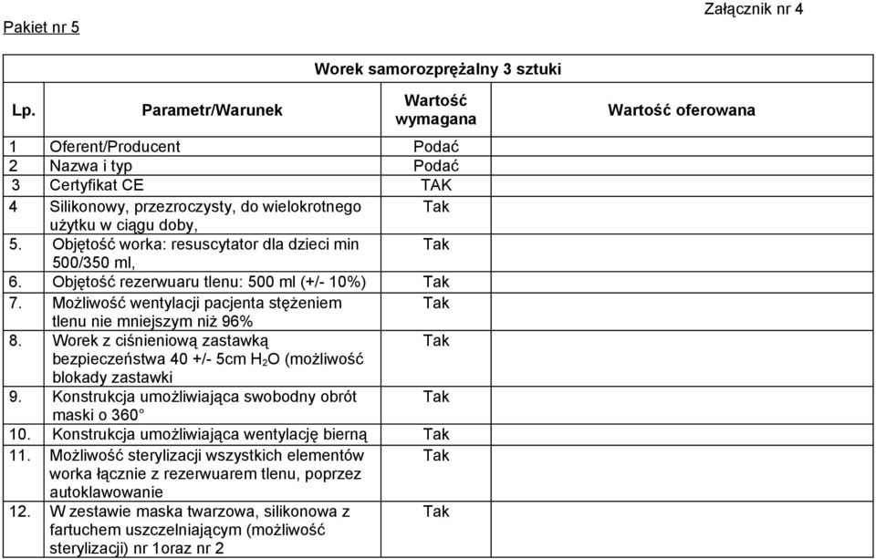 Worek z ciśnieniową zastawką bezpieczeństwa 40 +/- 5cm H 2O (możliwość blokady zastawki 9. Konstrukcja umożliwiająca swobodny obrót maski o 360 10. Konstrukcja umożliwiająca wentylację bierną 11.