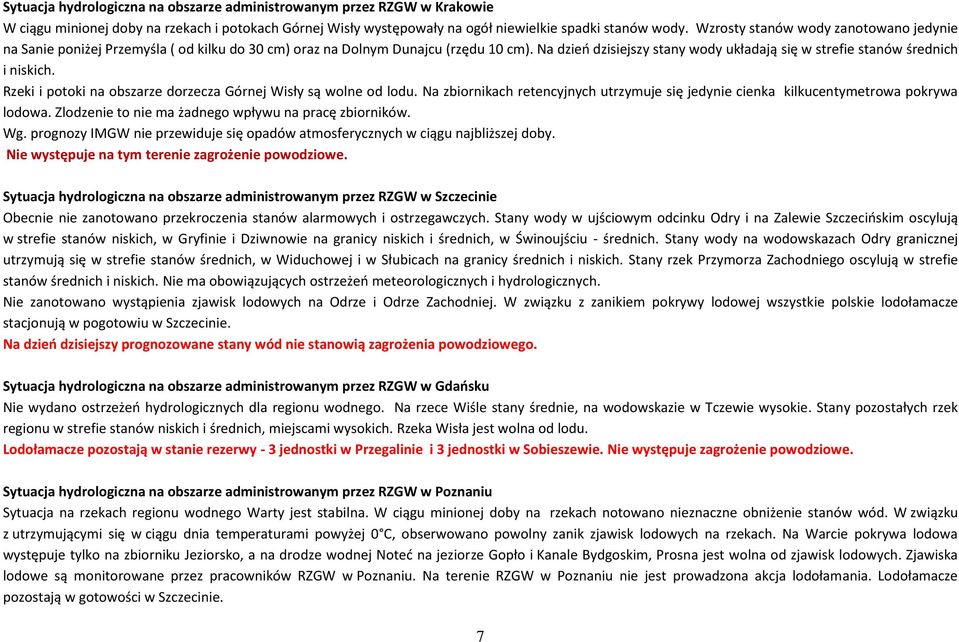 Na dzień dzisiejszy stany wody układają się w strefie stanów średnich i niskich. Rzeki i potoki na obszarze dorzecza Górnej Wisły są wolne od lodu.