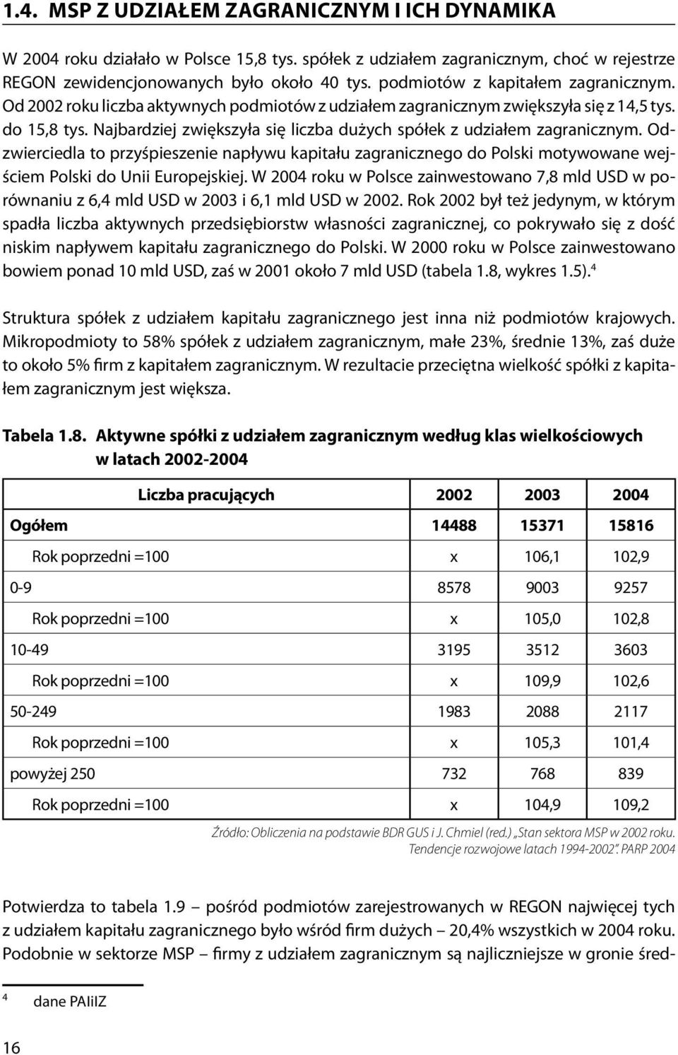 Najbardziej zwiększyła się liczba dużych spółek z udziałem zagranicznym. Odzwierciedla to przyśpieszenie napływu kapitału zagranicznego do Polski motywowane wejściem Polski do Unii Europejskiej.