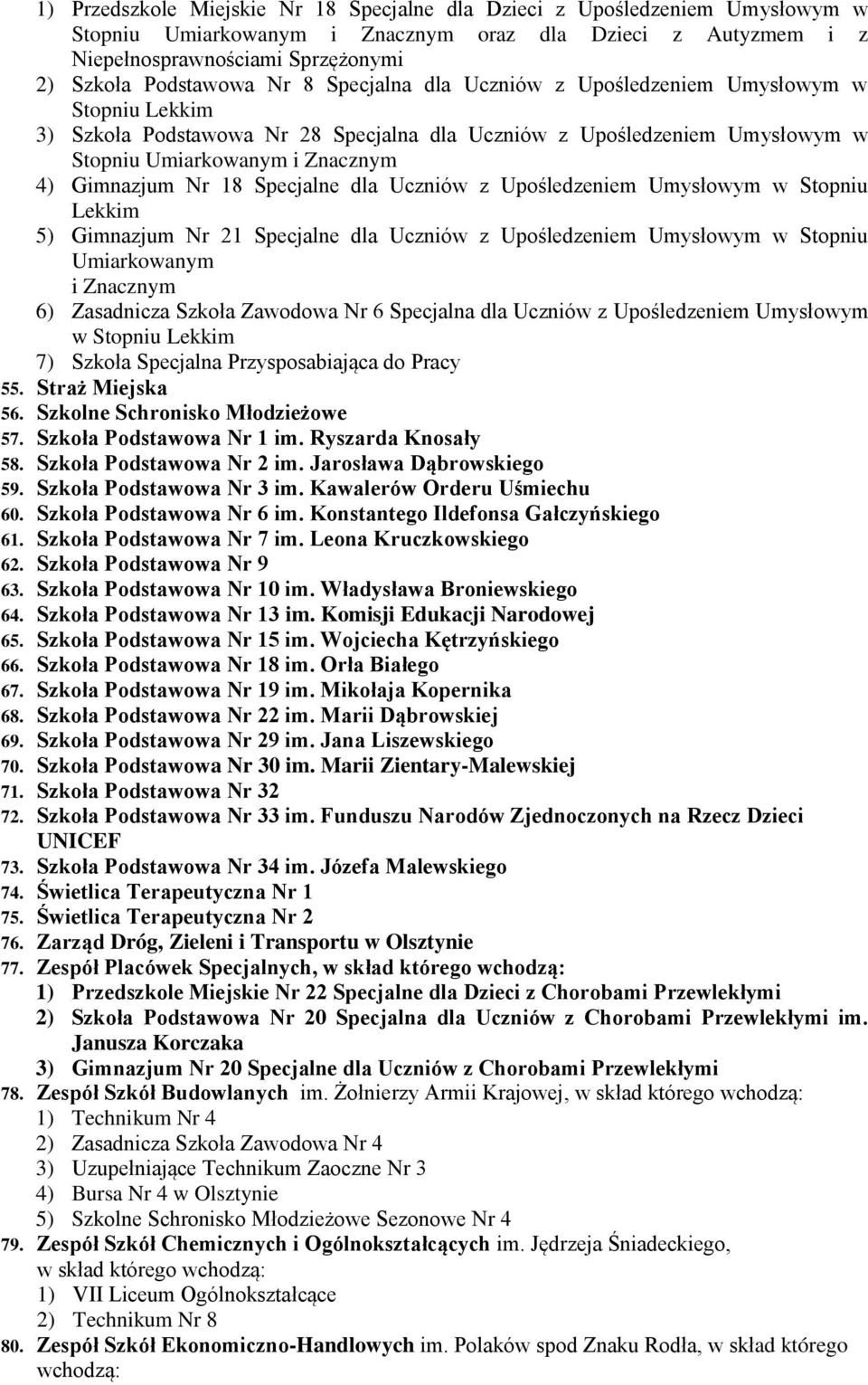 Specjalne dla Uczniów z Upośledzeniem Umysłowym w Stopniu Lekkim 5) Gimnazjum Nr 21 Specjalne dla Uczniów z Upośledzeniem Umysłowym w Stopniu Umiarkowanym i Znacznym 6) Zasadnicza Szkoła Zawodowa Nr