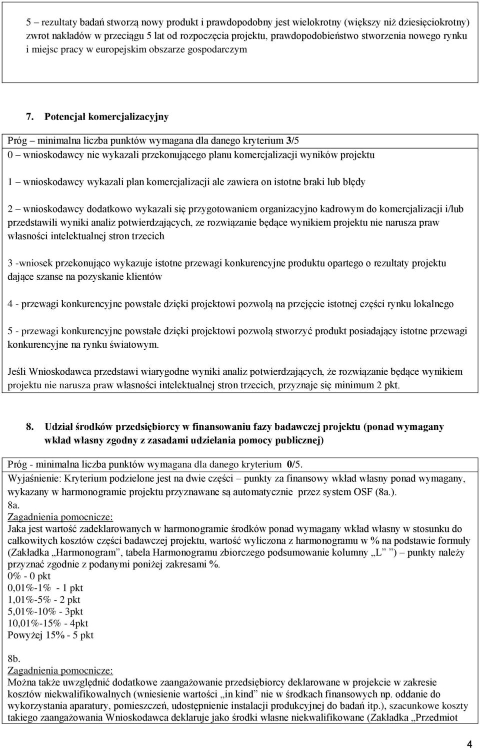 Potencjał komercjalizacyjny Próg minimalna liczba punktów wymagana dla danego kryterium 3/5 0 wnioskodawcy nie wykazali przekonującego planu komercjalizacji wyników projektu 1 wnioskodawcy wykazali