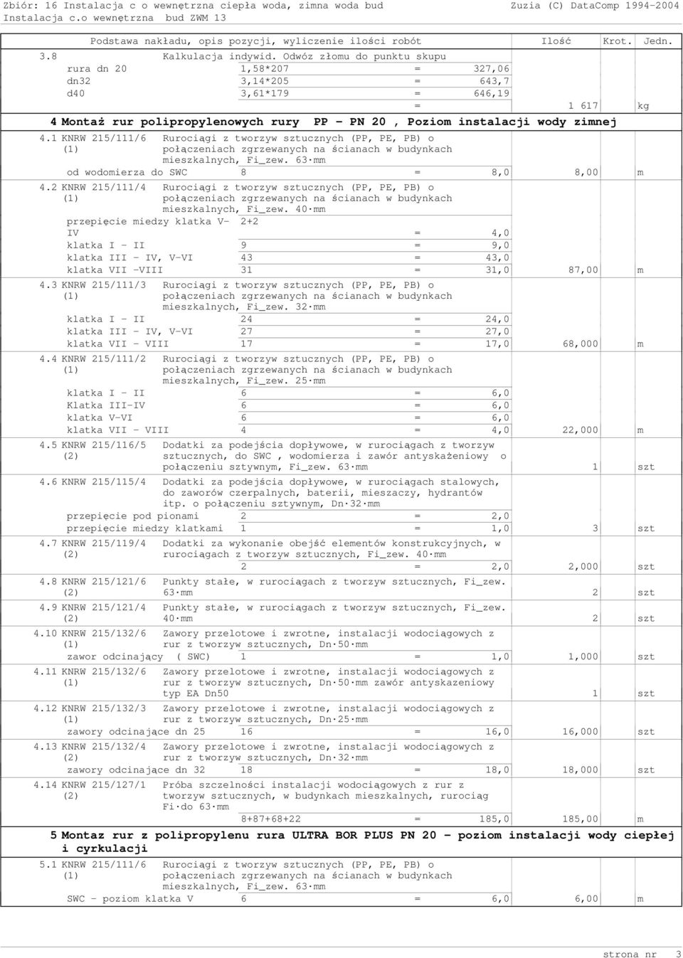 1 KNRW 215/111/6 mieszkalnych, Fi_zew. 63 mm od wodomierza do SWC 8 = 8,0 8,00 m 4.2 KNRW 215/111/4 mieszkalnych, Fi_zew.