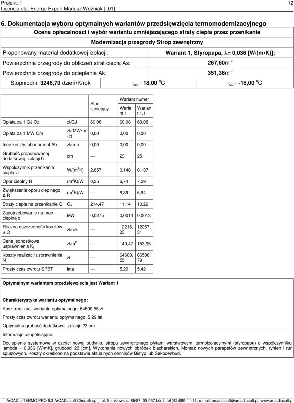 351,38m 2 Stopniodni: 3246,70 dzień K/rok t wo = 18,00 o C t zo = -18,00 o C Stan istniejący Wariant numer Waria nt 1 Warian t 1.