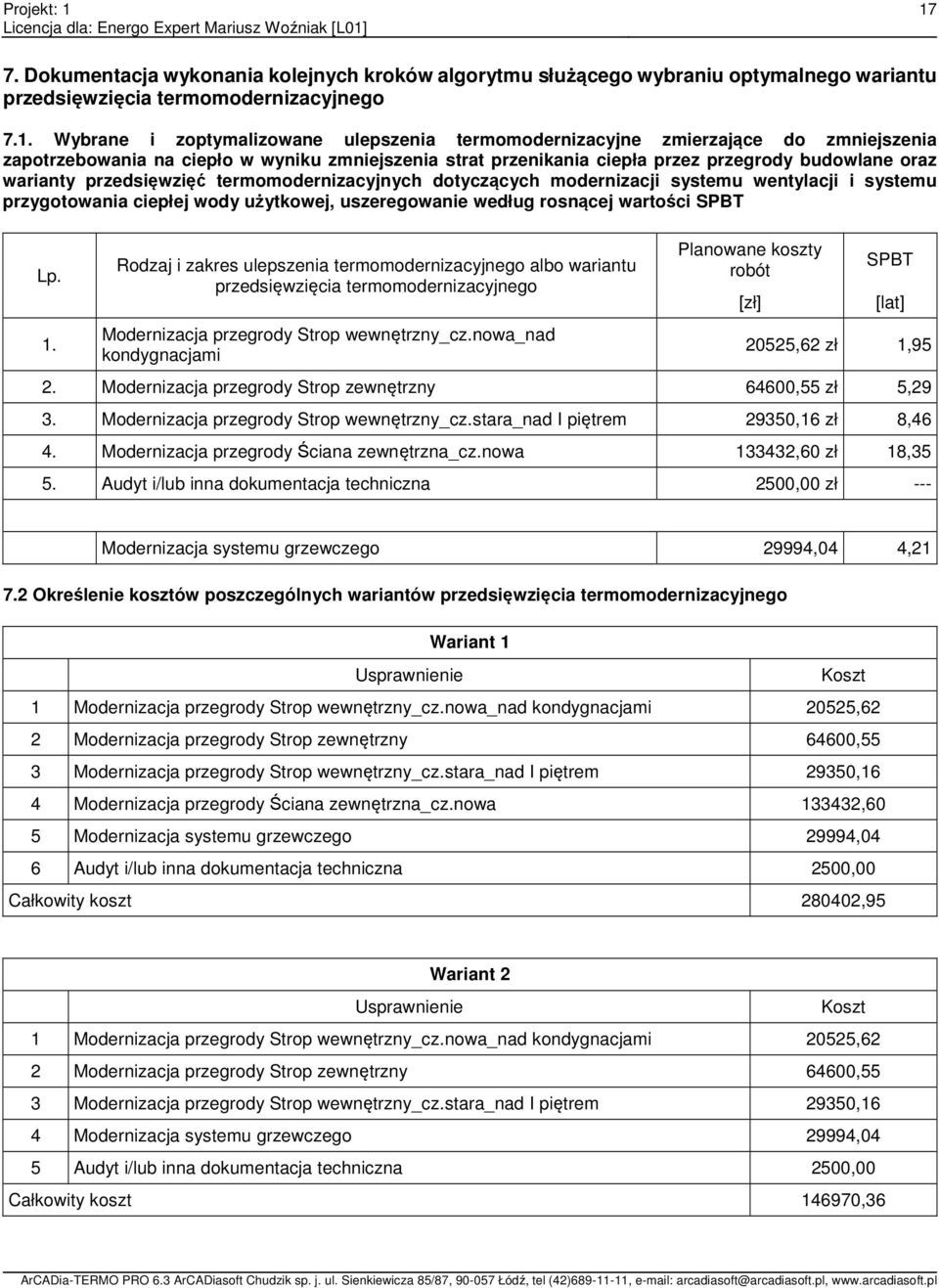 modernizacji systemu wentylacji i systemu przygotowania ciepłej wody użytkowej, uszeregowanie według rosnącej wartości SPBT Lp. 1.