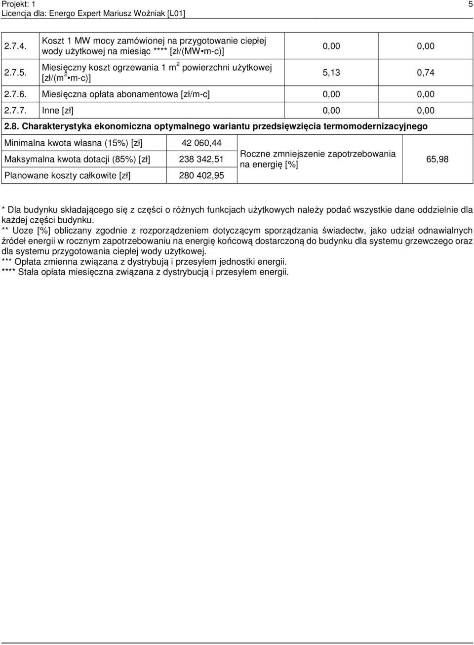 Charakterystyka ekonomiczna optymalnego wariantu przedsięwzięcia termomodernizacyjnego Minimalna kwota własna (15%) [zł] 42 060,44 Maksymalna kwota dotacji (85%) [zł] 238 342,51 Planowane koszty