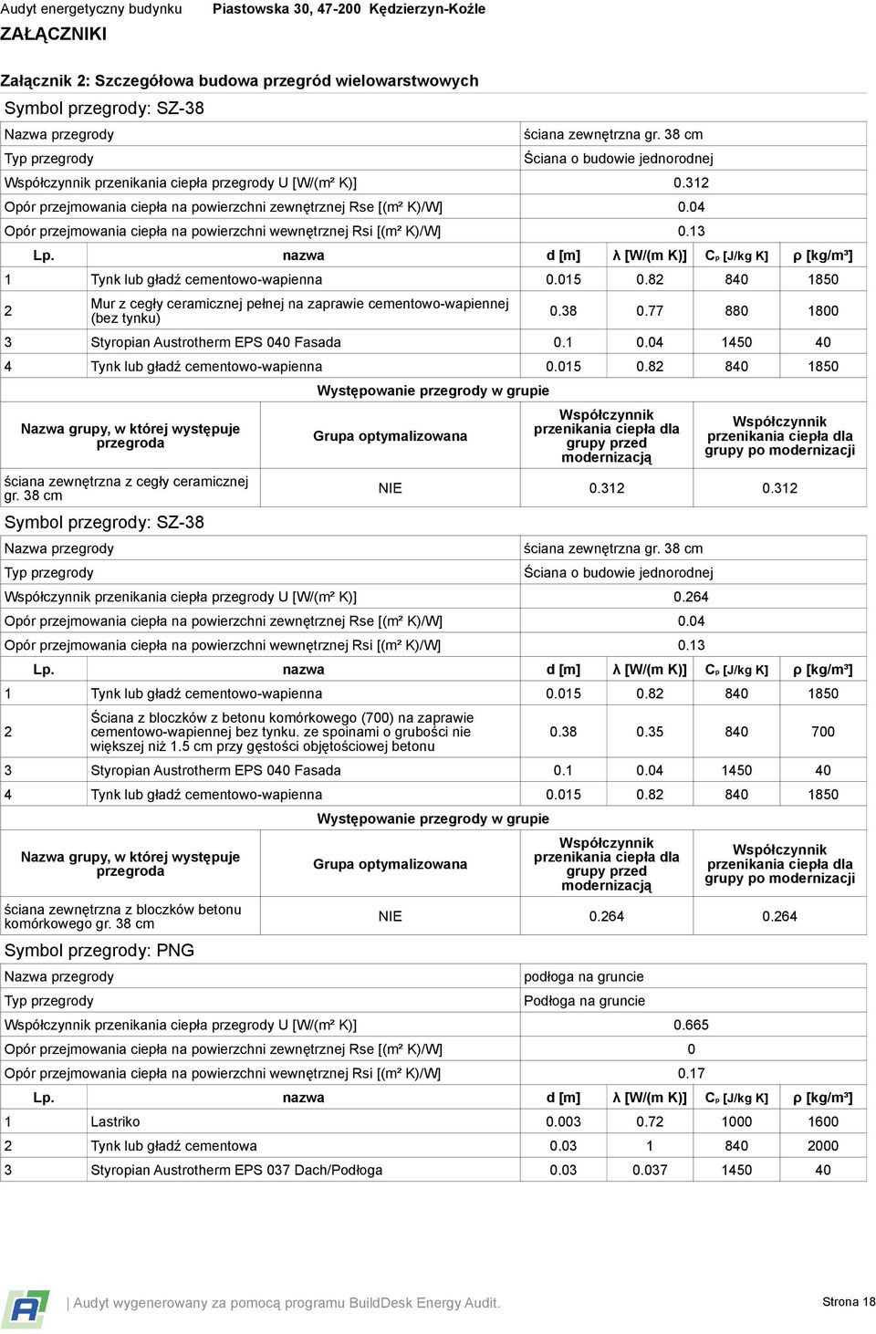 04 Opór przejmowania ciepła na powierzchni wewnętrznej Rsi [(m² K)/W] 0.13 Lp. nazwa d [m] λ [W/(m K)] Cp [J/kg K] ρ [kg/m³] 1 Tynk lub gładź cementowo-wapienna 0.015 0.