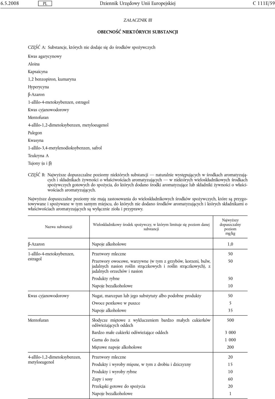 Tujony (α i β) CZĘŚĆ B: Najwyższe dopuszczalne poziomy niektórych substancji naturalnie występujących w środkach aromatyzujących i składnikach żywności o właściwościach aromatyzujących w niektórych
