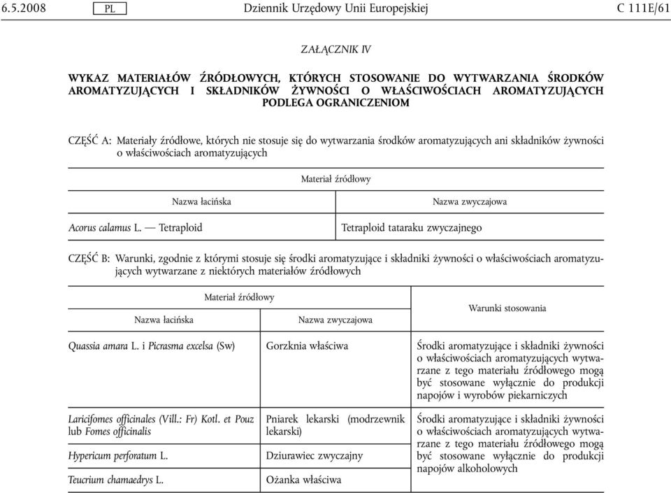 Tetraploid Nazwa zwyczajowa Tetraploid tataraku zwyczajnego CZĘŚĆ B: Warunki, zgodnie z którymi stosuje się środki aromatyzujące i składniki żywności o właściwościach aromatyzujących wytwarzane z