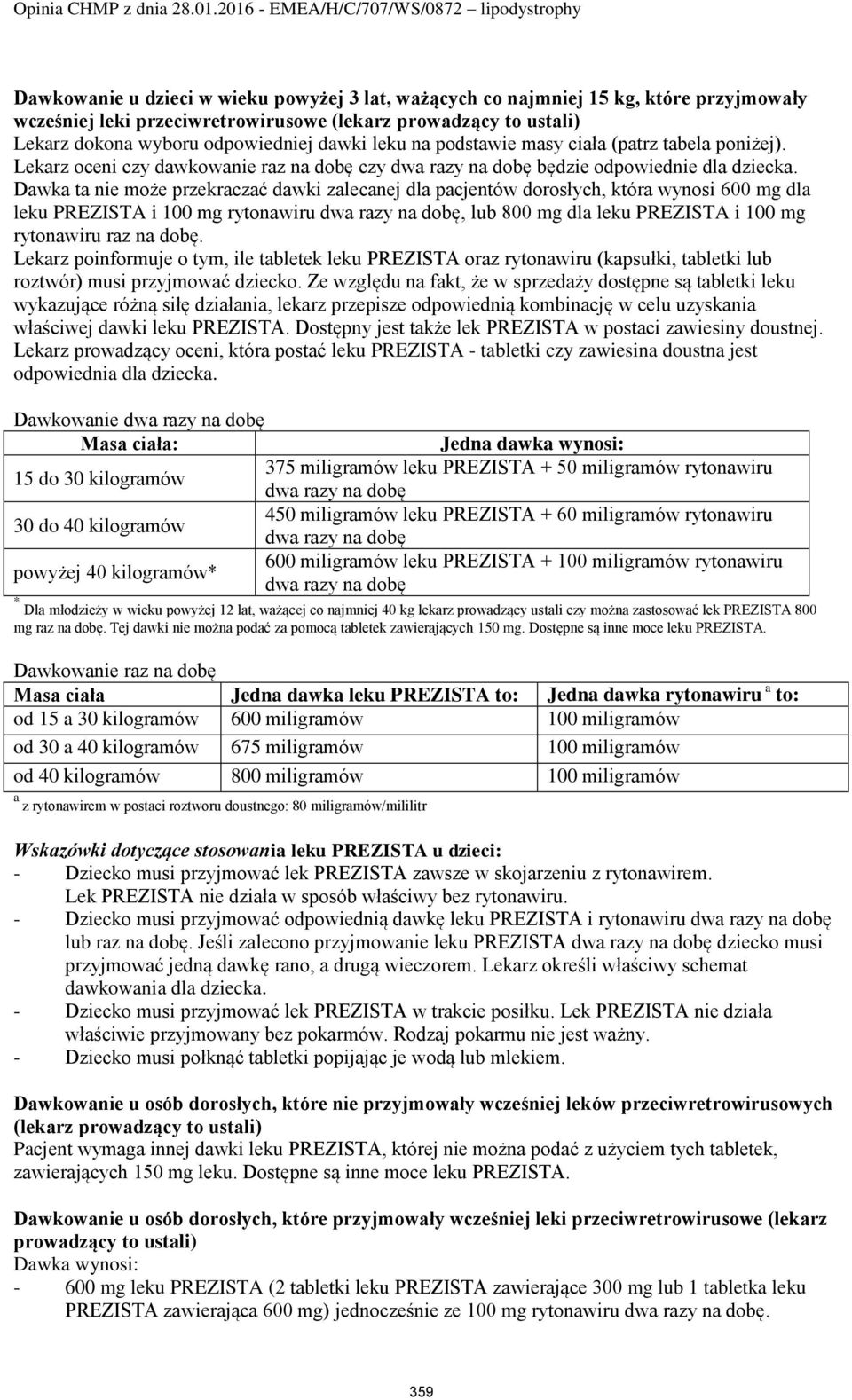 Dawka ta nie może przekraczać dawki zalecanej dla pacjentów dorosłych, która wynosi 600 mg dla leku PREZISTA i 100 mg rytonawiru dwa razy na dobę, lub 800 mg dla leku PREZISTA i 100 mg rytonawiru raz