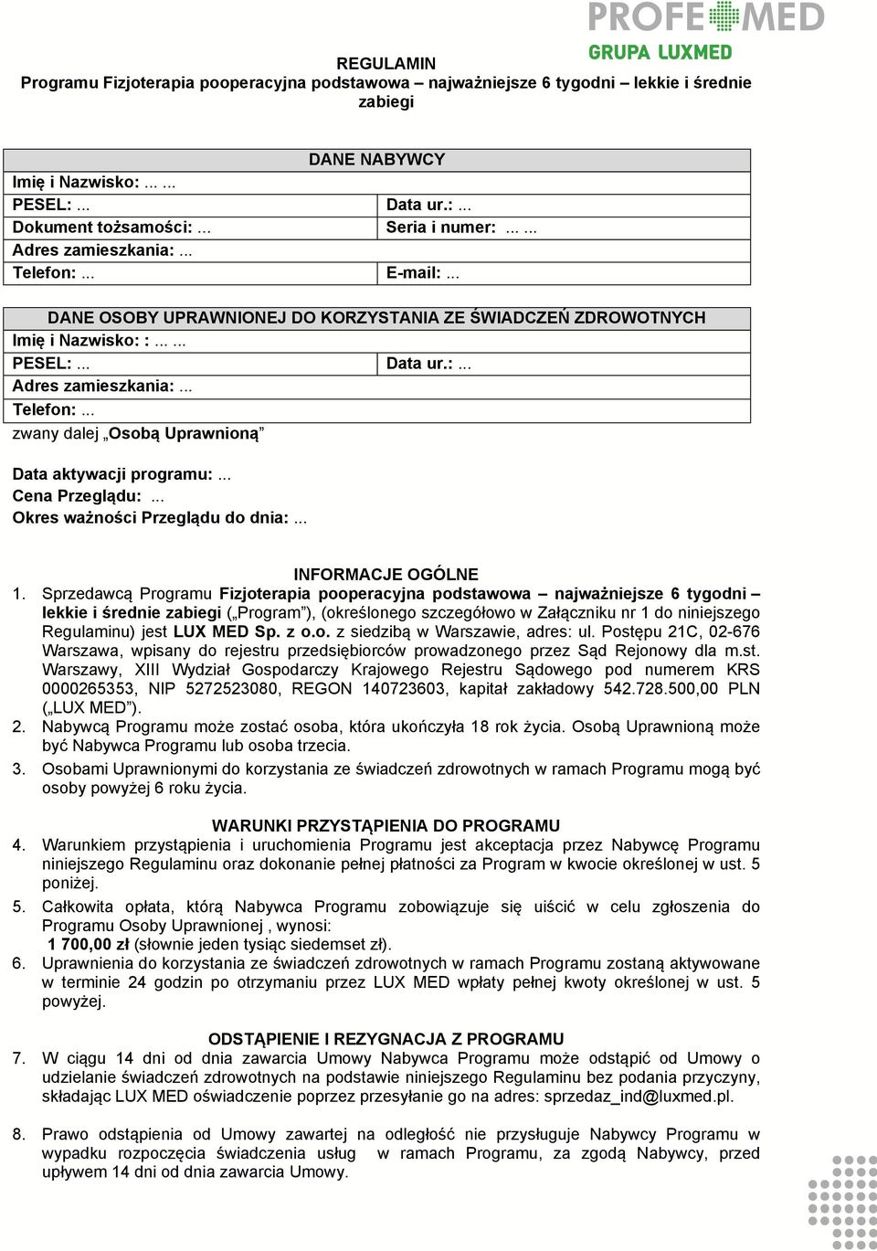 .. Cena Przeglądu:... Okres ważnści Przeglądu d dnia:... INFORMACJE OGÓLNE 1.