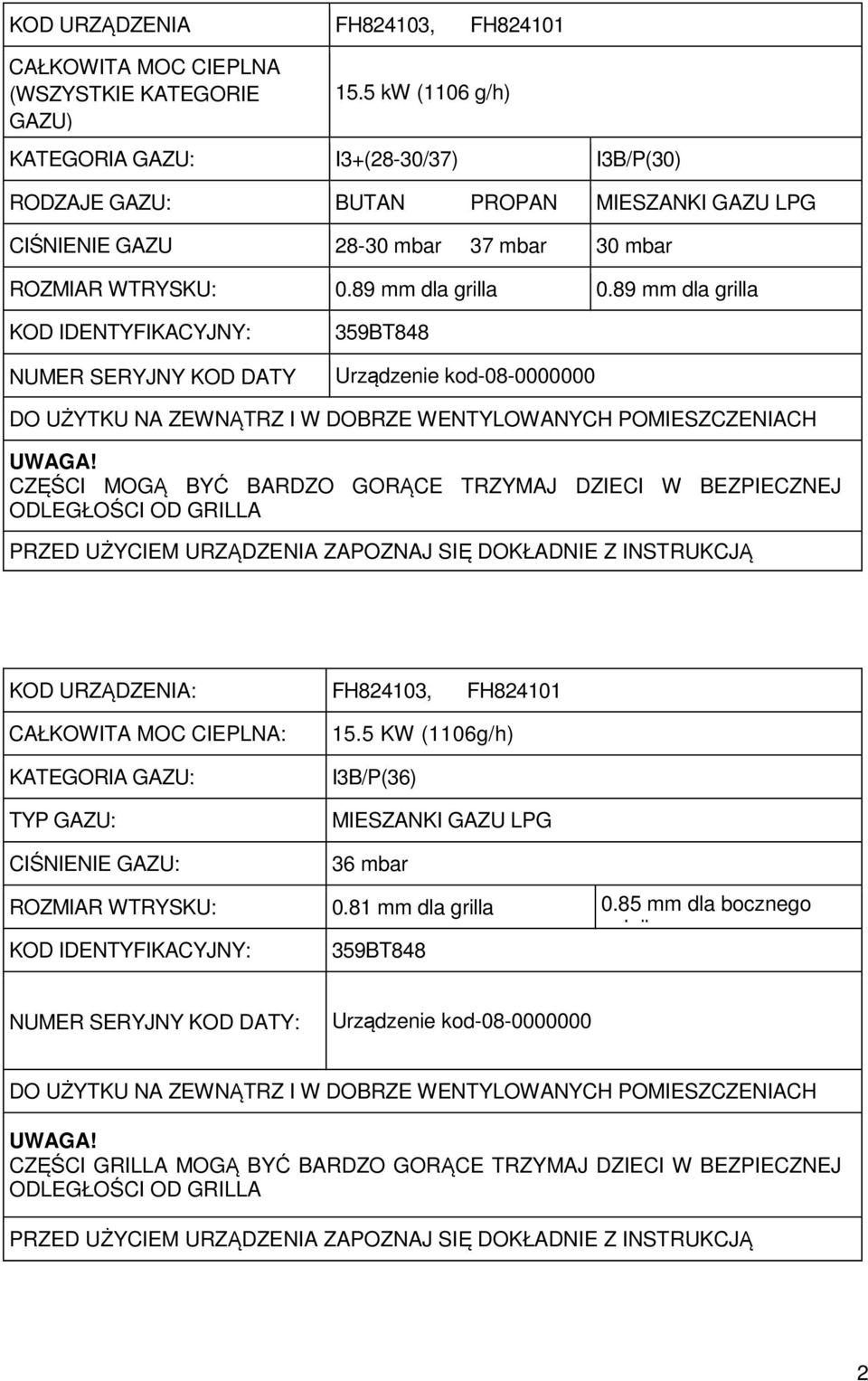 89 mm dla grilla KOD IDENTYFIKACYJNY: NUMER SERYJNY KOD DATY 359BT848 Urządzenie kod-08-0000000 DO UŻYTKU NA ZEWNĄTRZ I W DOBRZE WENTYLOWANYCH POMIESZCZENIACH UWAGA!