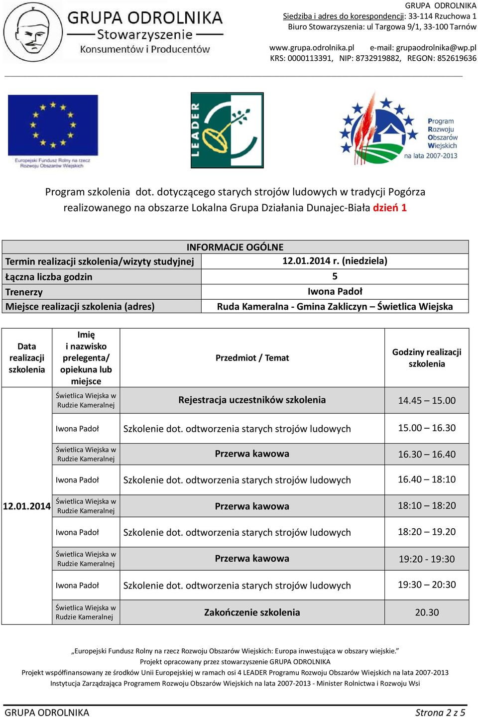 Lokalna Grupa Działania Dunajec-Biała dzień 1 Termin /wizyty studyjnej 12.01.2014 r.