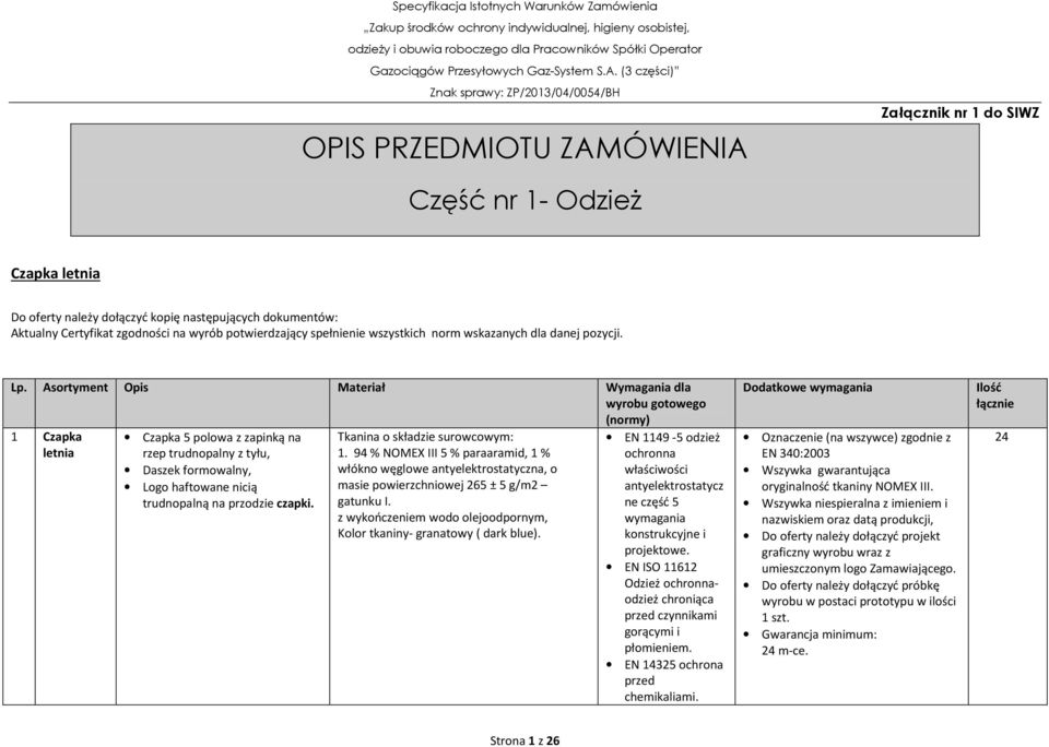 Asortyment Opis Materiał Wymagania dla wyrobu gotowego (normy) 1 Czapka letnia Czapka 5 polowa z zapinką na rzep trudnopalny z tyłu, Daszek formowalny, Logo haftowane nicią trudnopalną na przodzie