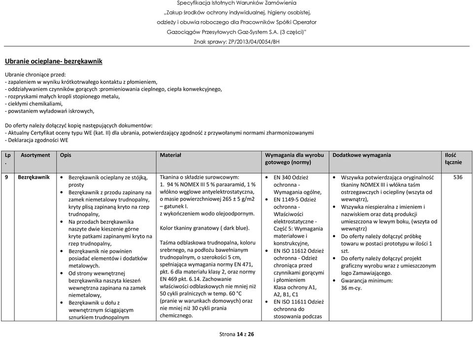Certyfikat oceny typu WE (kat. II) dla ubrania, potwierdzający zgodność z przywołanymi normami zharmonizowanymi - Deklaracja zgodności WE Lp.