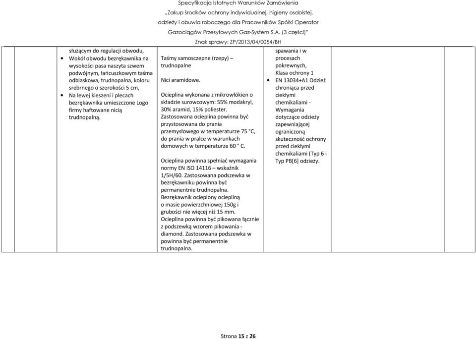 Ocieplina wykonana z mikrowłókien o składzie surowcowym: 55% modakryl, 30% aramid, 15% poliester.