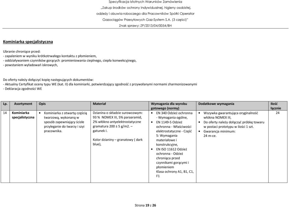 II) dla kominiarki, potwierdzający zgodność z przywołanymi normami zharmonizowanymi - Deklaracja zgodności WE Lp.