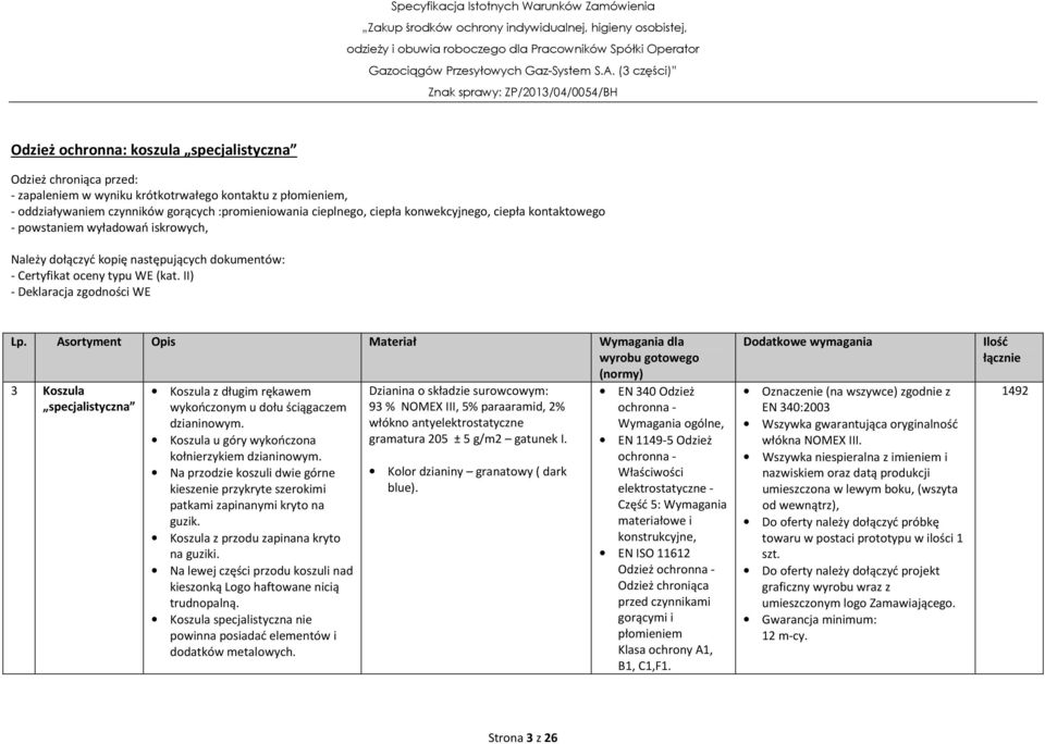 Asortyment Opis Materiał Wymagania dla wyrobu gotowego (normy) 3 Koszula specjalistyczna Koszula z długim rękawem wykończonym u dołu ściągaczem dzianinowym.