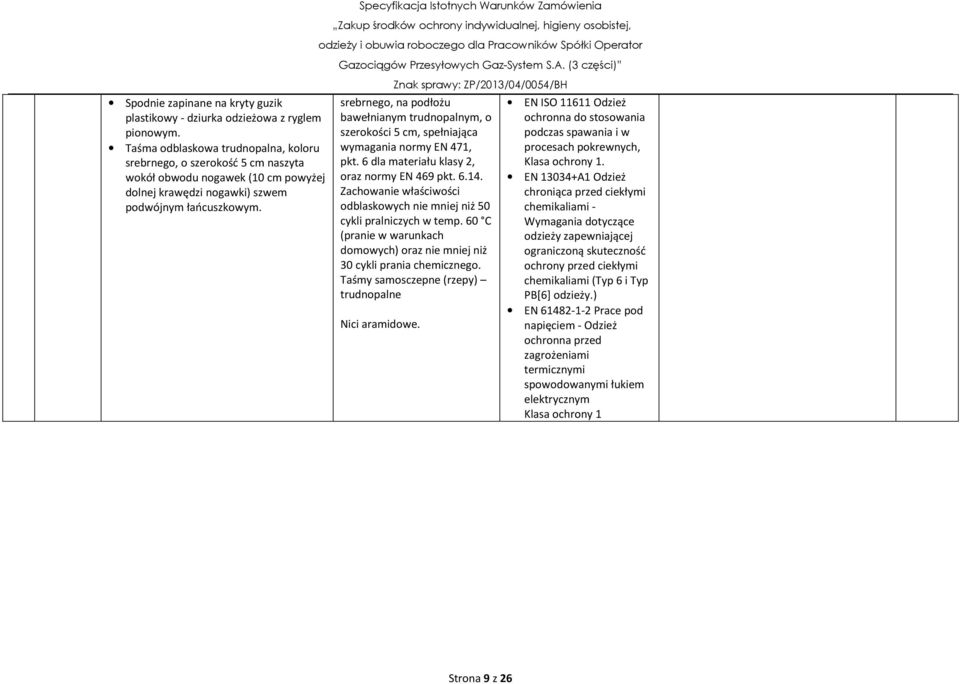 srebrnego, na podłożu bawełnianym trudnopalnym, o szerokości 5 cm, spełniająca wymagania normy EN 471, pkt. 6 dla materiału klasy 2, oraz normy EN 469 pkt. 6.14.