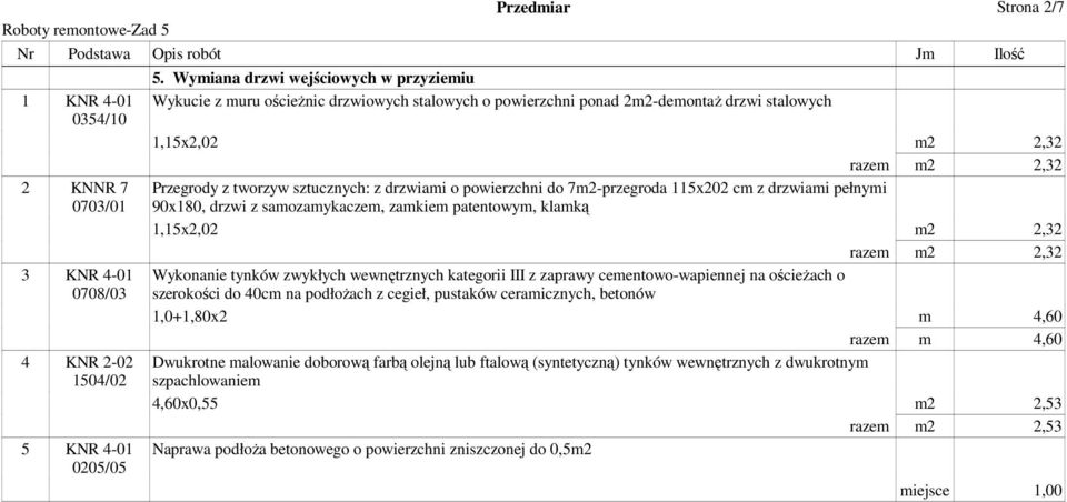 drzwiami o powierzchni do 7m2-przegroda 115x202 cm z drzwiami pełnymi 90x180, drzwi z samozamykaczem, zamkiem patentowym, klamką 1,15x2,02 m2 2,32 razem m2 2,32 Wykonanie tynków zwykłych wewnętrznych