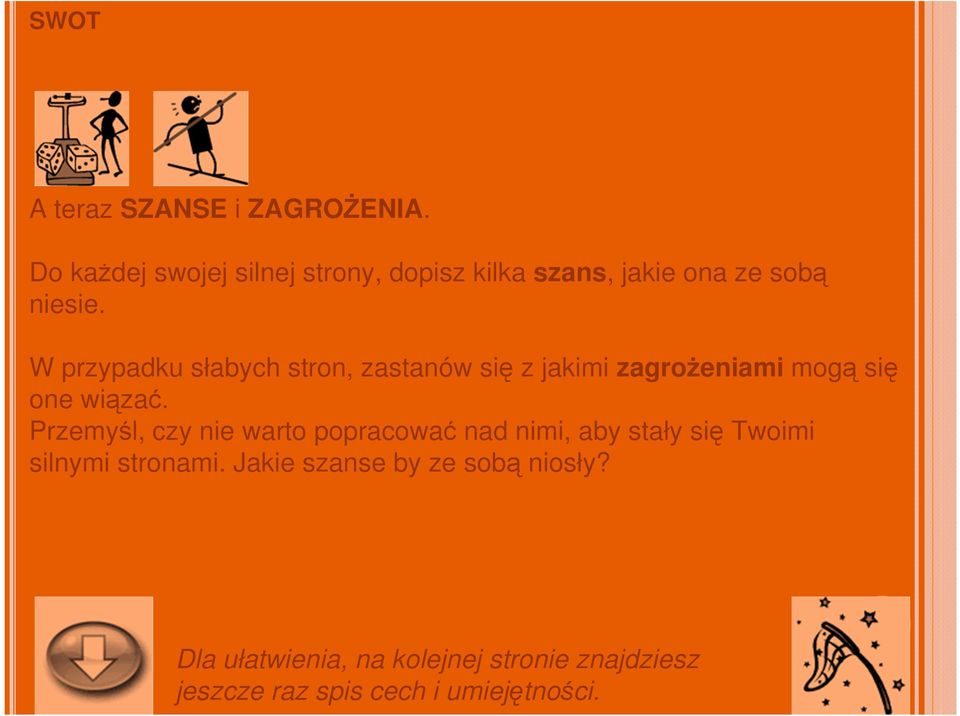 W przypadku słabych stron, zastanów się z jakimi zagrożeniami mogą się one wiązać.