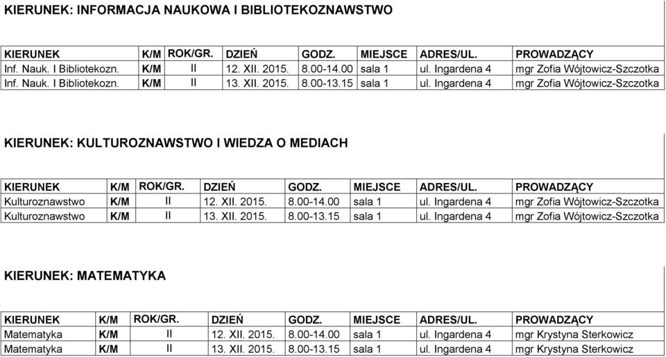 Ingardena 4 mgr Zofia Wójtowicz-Szczotka Kulturoznawstwo K/M II 13. XII. 2015. 8.00-13.15 sala 1 ul.
