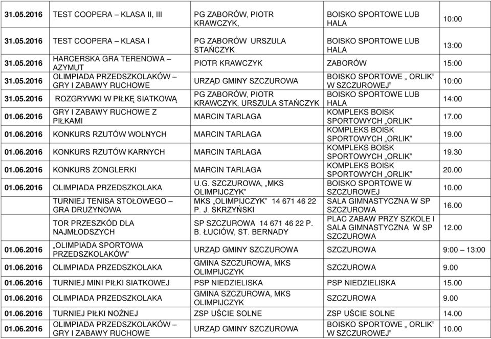 2016 GRY I ZABAWY RUCHOWE Z MARCIN TARLAGA PIŁKAMI 17.00 01.06.2016 KONKURS RZUTÓW WOLNYCH MARCIN TARLAGA 19.00 01.06.2016 KONKURS RZUTÓW KARNYCH MARCIN TARLAGA 19.30 01.06.2016 KONKURS ŻONGLERKI MARCIN TARLAGA 20.