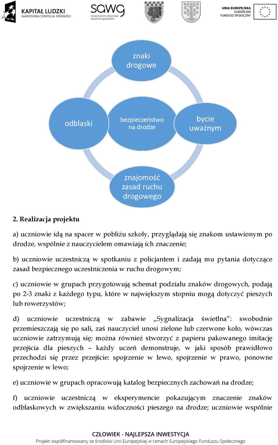 typu, które w największym stopniu mogą dotyczyć pieszych lub rowerzystów; d) uczniowie uczestniczą w zabawie Sygnalizacja świetlna : swobodnie przemieszczają się po sali, zaś nauczyciel unosi zielone