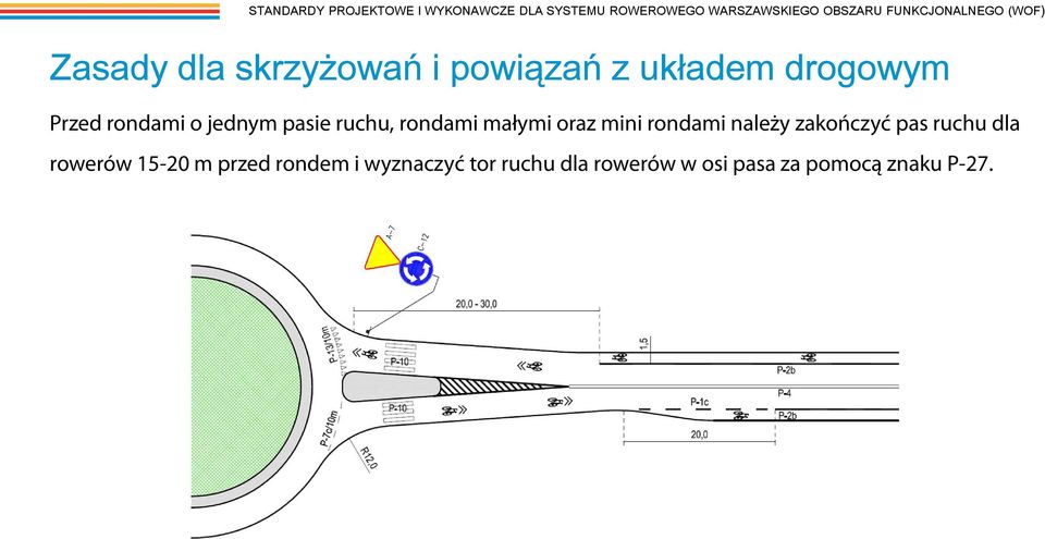 o jednym pasie ruchu, rondami małymi oraz mini rondami należy zakończyć pas ruchu dla