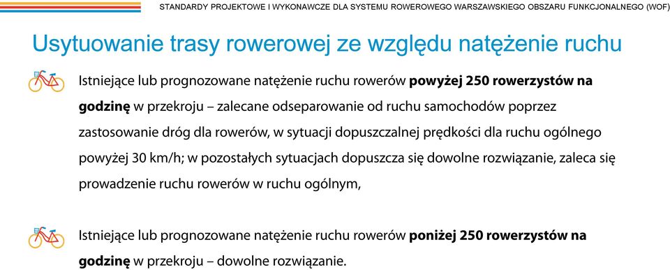 zastosowanie dróg dla rowerów, w sytuacji dopuszczalnej prędkości dla ruchu ogólnego powyżej 30 km/h; w pozostałych sytuacjach dopuszcza się dowolne