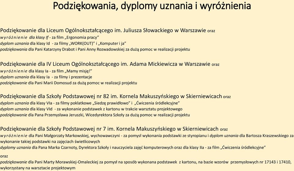 Drabot i Pani Anny Rozwadowskiej za dużą pomoc w realizacji projektu Podziękowanie dla IV Liceum Ogólnokształcącego im.