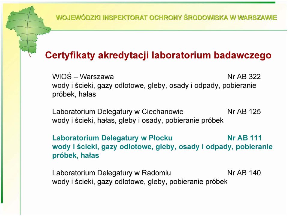 pobieranie próbek Laboratorium Delegatury w Płocku Nr AB 111 wody i ścieki, gazy odlotowe, gleby, osady i odpady,