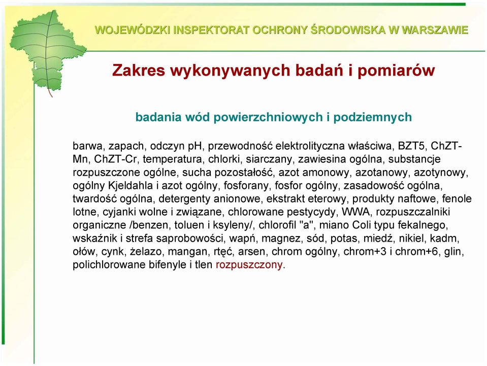 twardość ogólna, detergenty anionowe, ekstrakt eterowy, produkty naftowe, fenole lotne, cyjanki wolne i związane, chlorowane pestycydy, WWA, rozpuszczalniki organiczne /benzen, toluen i ksyleny/,