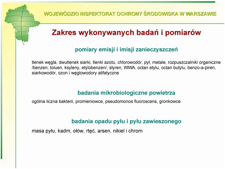 butylu, benzo-a-piren, siarkowodór, ozon i węglowodory alifatyczne badania mikrobiologiczne powietrza ogólna liczna bakterii,