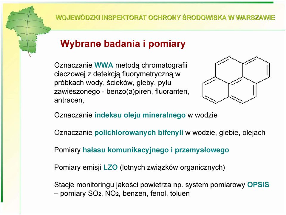 Oznaczanie polichlorowanych bifenyli w wodzie, glebie, olejach Pomiary hałasu komunikacyjnego i przemysłowego Pomiary emisji