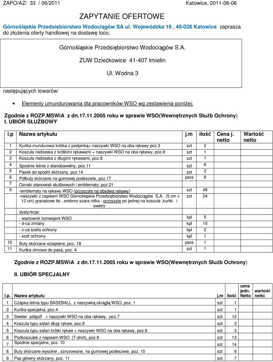 Wodna 3 następujących towarów: Elementy umundurowania dla pracowników WSO wg zestawienia poniŝej: I. UBIÓR SŁUśBOWY l.p Nazwa artykułu j.m ilość Cena j.