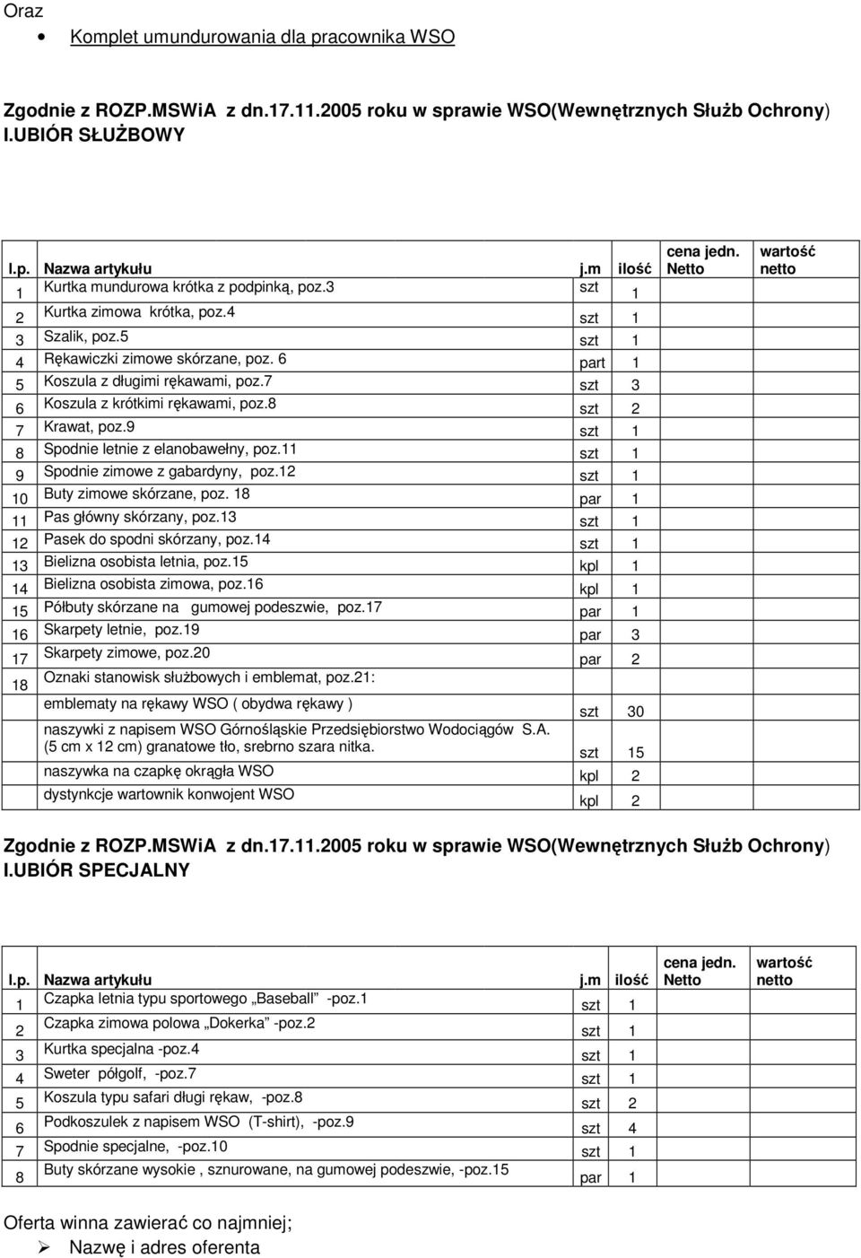 9 Spodnie zimowe z gabardyny, poz.2 0 Buty zimowe skórzane, poz. 8 par Pas główny skórzany, poz.3 2 Pasek do spodni skórzany, poz.4 3 Bielizna osobista letnia, poz.