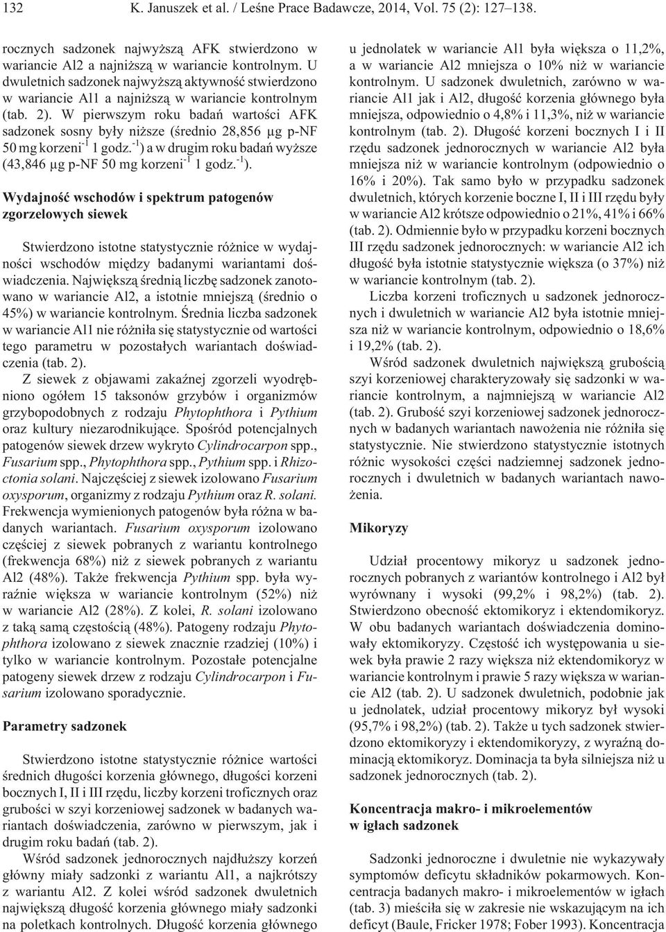 W pierwszym roku badañ wartoœci AFK sadzonek sosny by³y ni sze (œrednio 28,856 μg p-nf 50 mg korzeni -1 1 godz. -1 ) 