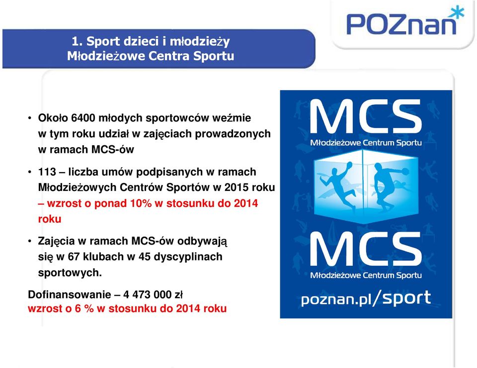 Centrów Sportów w 2015 roku wzrost o ponad 10% w stosunku do 2014 roku Zajęcia w ramach MCS-ów odbywają